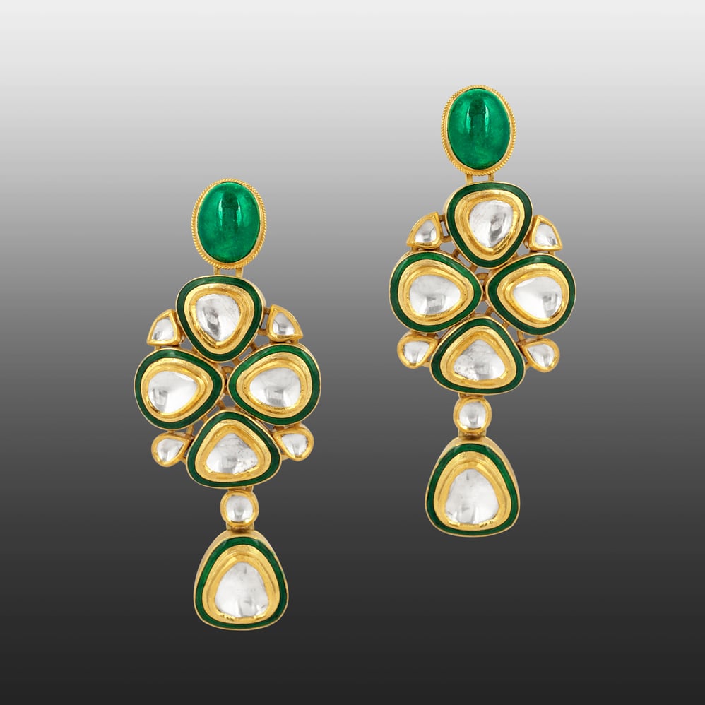 Emerald Cabochon Earrings with Polki and Green Meena Borders